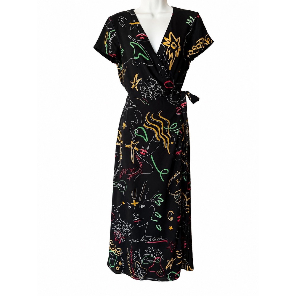 Babaton Aritzia Black Line Art Face Print Wrap Midi Dress‎ V-Neck Short Sleeve S